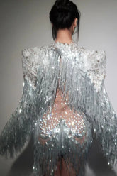 2025New Arrival Sparkly Rhinestone Sequin Tassel Coat And Skirt 2Pcs Women Birthday Party Nightclub Dj Stage Performance Costume